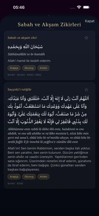 Sabah ve Akşam Zikirleri ekranı: Sübhânallâhi ve bi-hamdih ile Seyyidü’l-istiğfâr dualarının Arapçası, okunuşu ve Türkçe anlamı; altlarında Buhârî ve Müslim künyeleri