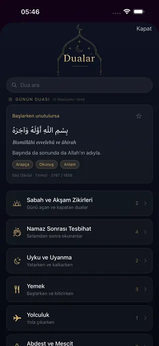 Dualar ekranı: en üstte arama kutusu ve günün duası kartı, altında Sabah ve Akşam Zikirleri, Namaz Sonrası Tesbihat, Uyku ve Uyanma, Yemek gibi dua bölümleri