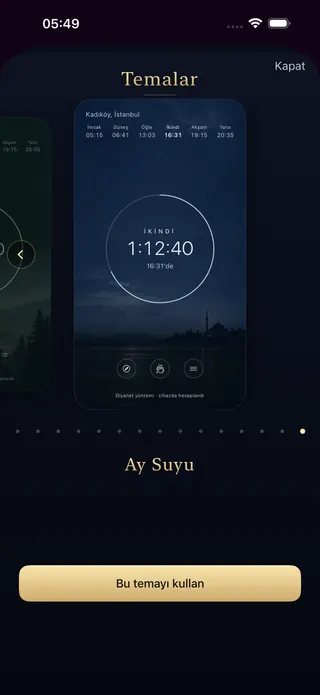 Temalar ekranı: Ay Suyu temasının önizlemesi, gece denizi ve kıyıda cami silüeti; altında Bu temayı kullan düğmesi
