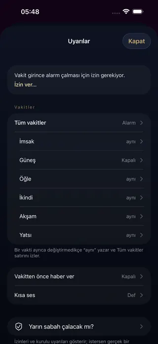 Uyarılar ekranı: Tüm vakitler Alarm; altında her vakit için ayrı satır (Güneş kapalı, diğerleri tüm vakitlerle aynı) ve Vakitten önce haber ver satırı