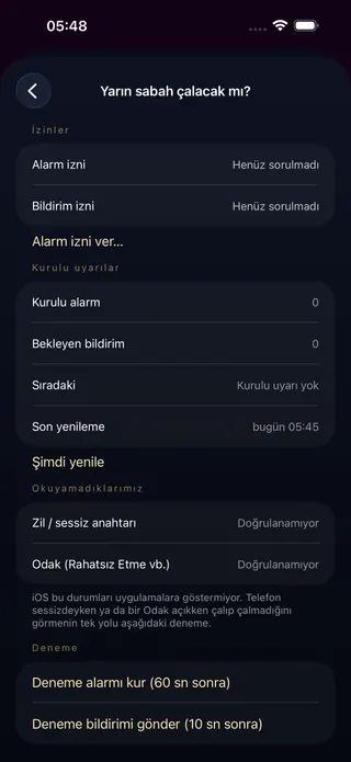 Yarın sabah çalacak mı ekranı: alarm ve bildirim izninin durumu, kurulu alarm ve bekleyen bildirim sayısı, sıradaki uyarı ve Deneme alarmı kur düğmesi